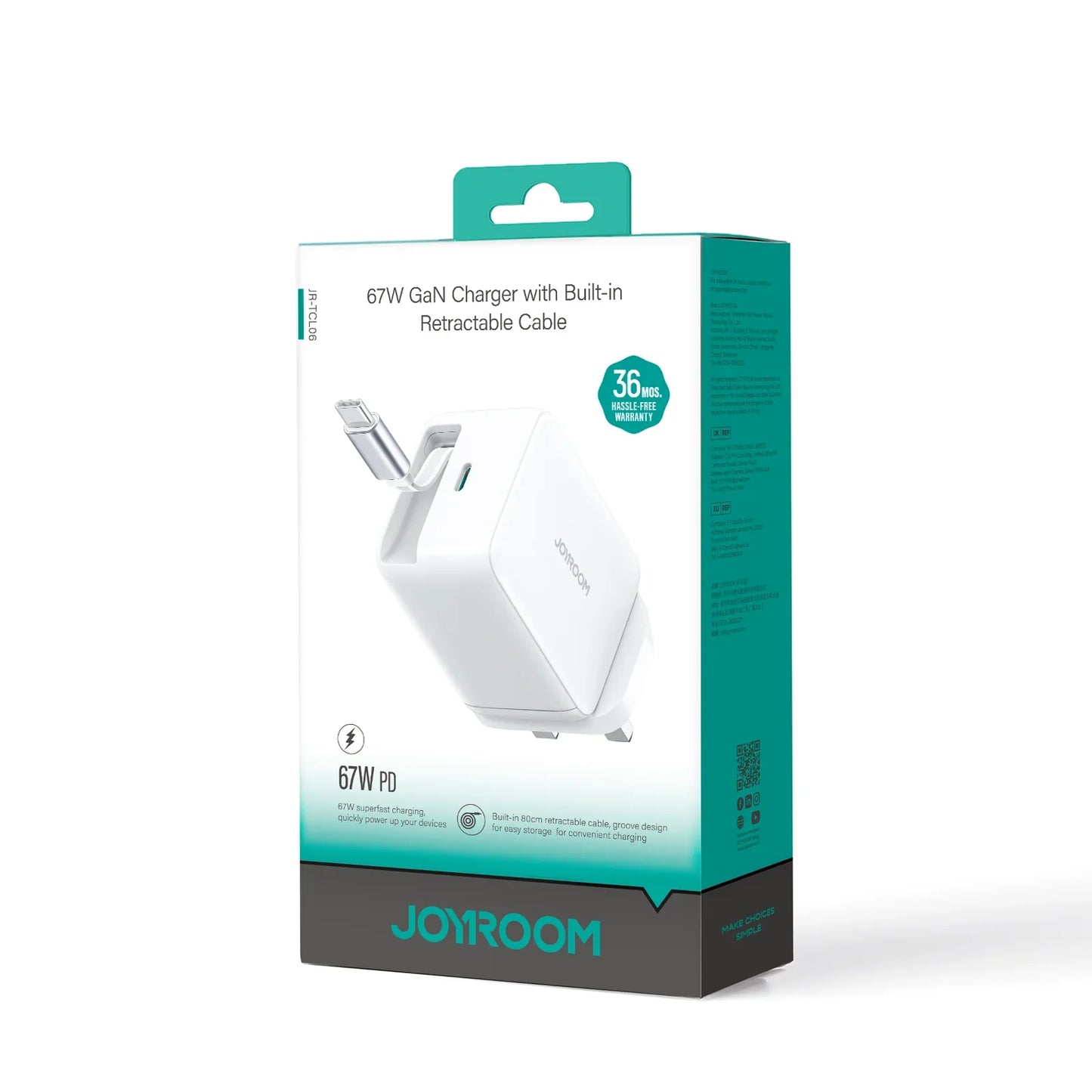 Joyroom 67W GaN Fast Charger with Retractable USB‑C Cable