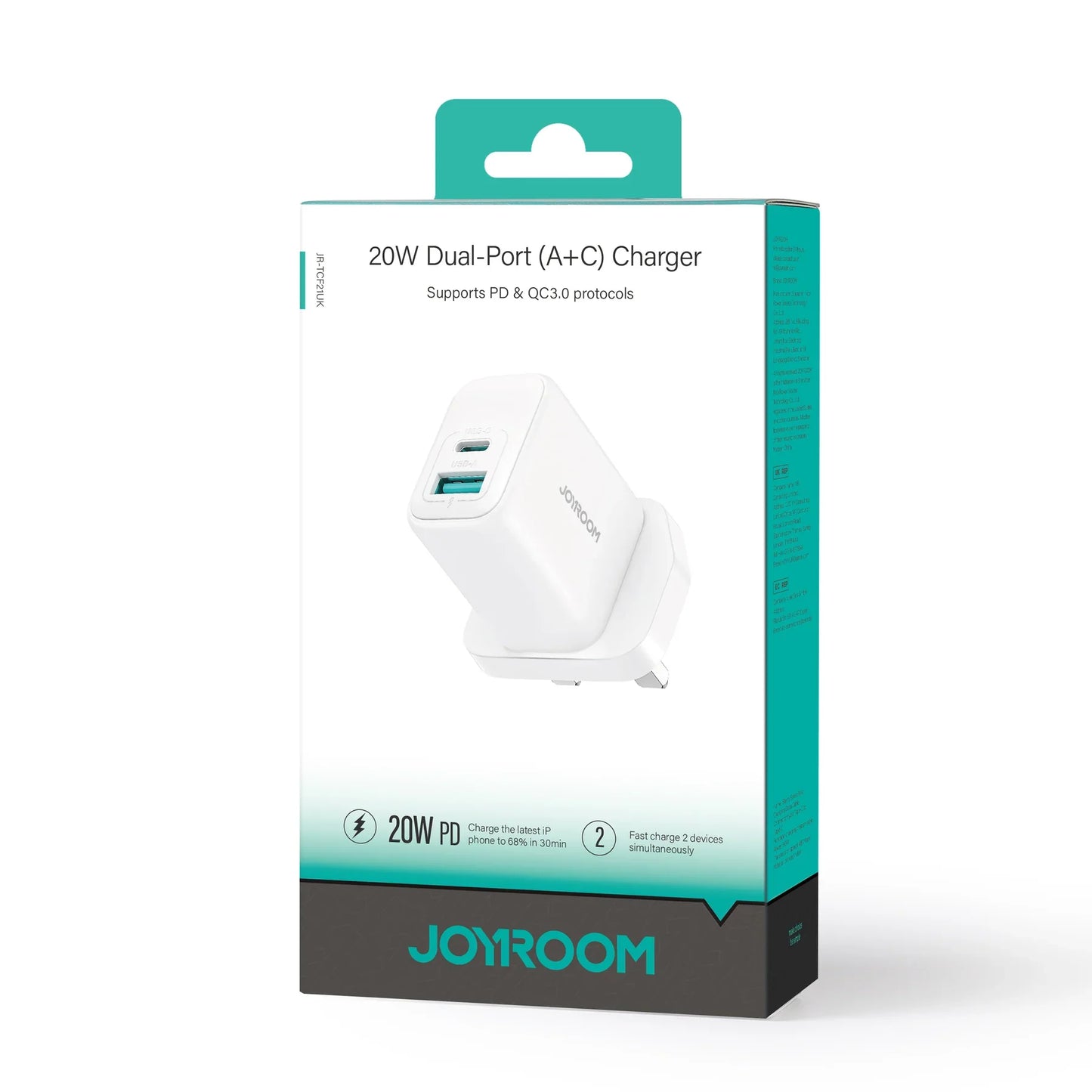 Joyroom 20W Dual-Port USB-A and USB-C Fast Charger UK White