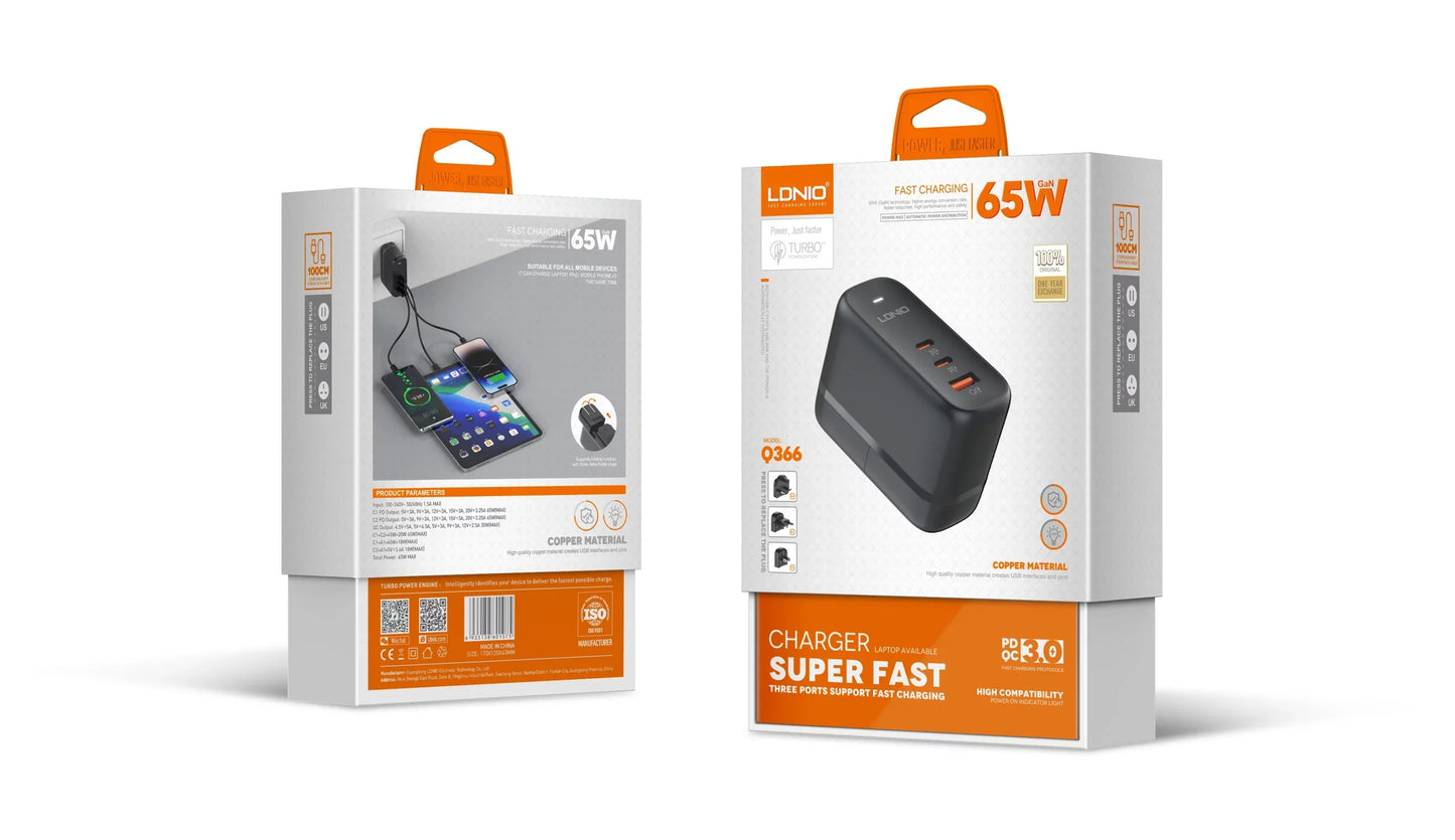 LDNIO Q366 65W GaN Dual Type‑C + USB‑A Super Fast Charger