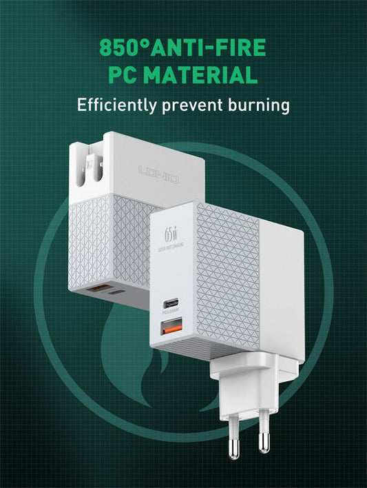 65W Ultra-Fast USB-C & USB-A Wall Charger for Smartphones