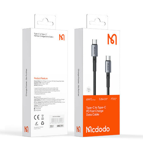MCDODO 65W USB‑C to USB‑C Fast Charging Cable 1.5 m Black