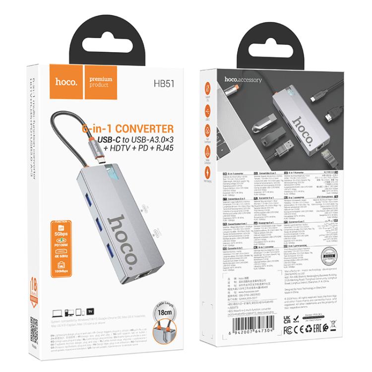 Hoco HB51 6‑in‑1 USB‑C Multiport Hub with HDMI, Ethernet, PD