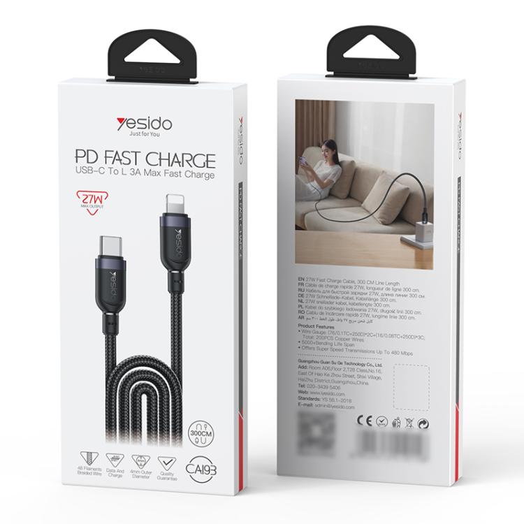 Yesido 27W Type‑C to Lightning Fast Charging Cable 3m Black