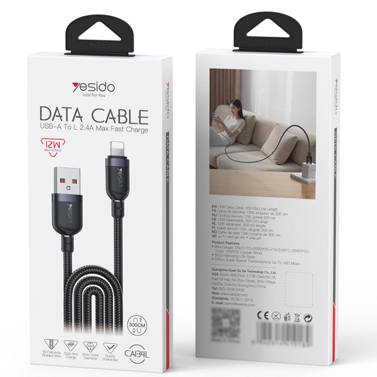 Yesido CA134L 3‑Meter USB‑to‑Lightning Fast Charging Cable Black