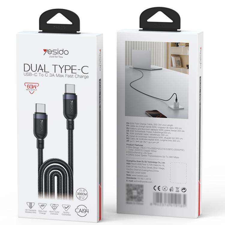 Yesido CA194 3m USB‑C to USB‑C 60W Fast Charging Cable