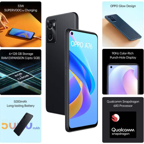 OPPO A76 6GB RAM 128GB Storage Glowing Black Smartphone