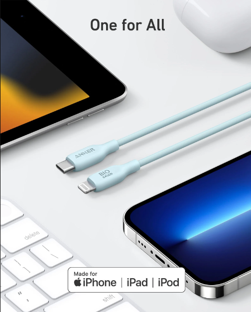 Anker 542 USB-C to Lightning Cable Bio-Based 3ft Blue High-Speed Charging