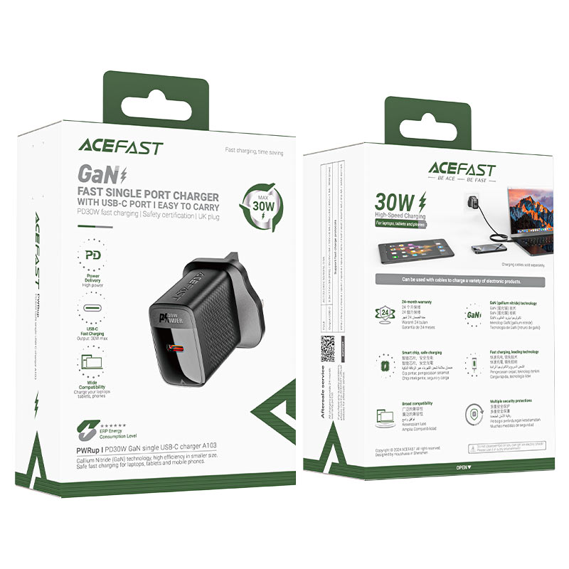 Acefast A103 GaN 30W USB‑C Wall Charger with UK Plug