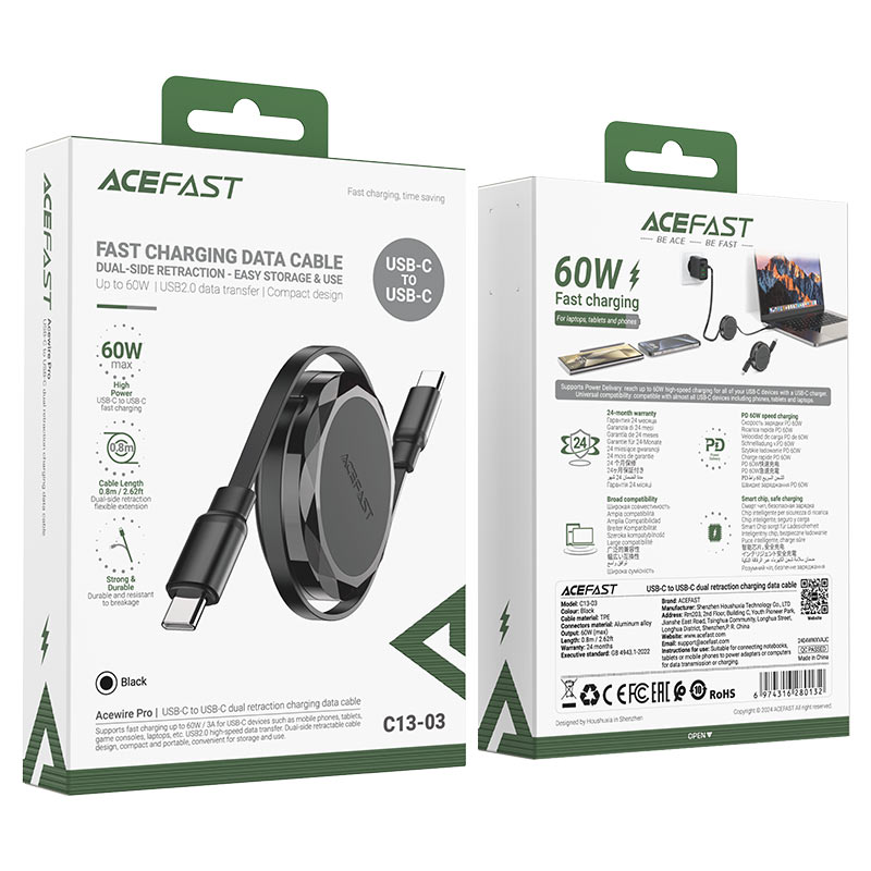 Acefast Retractable USB‑C Cable 60W PD Fast Charge 0.8m