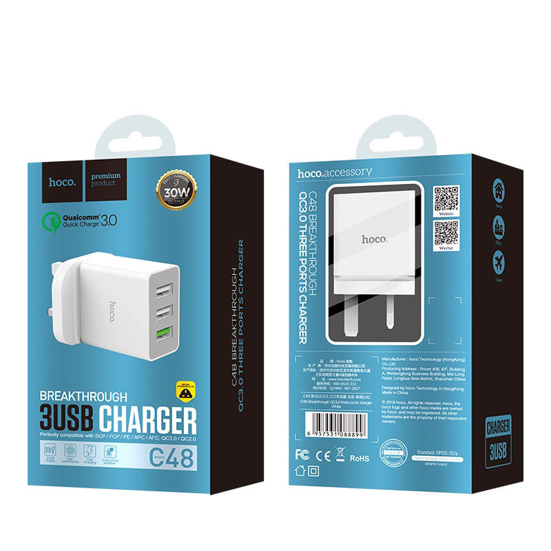 Hoco C48 Breakthrough QC3.0 Triple USB Wall Charger White