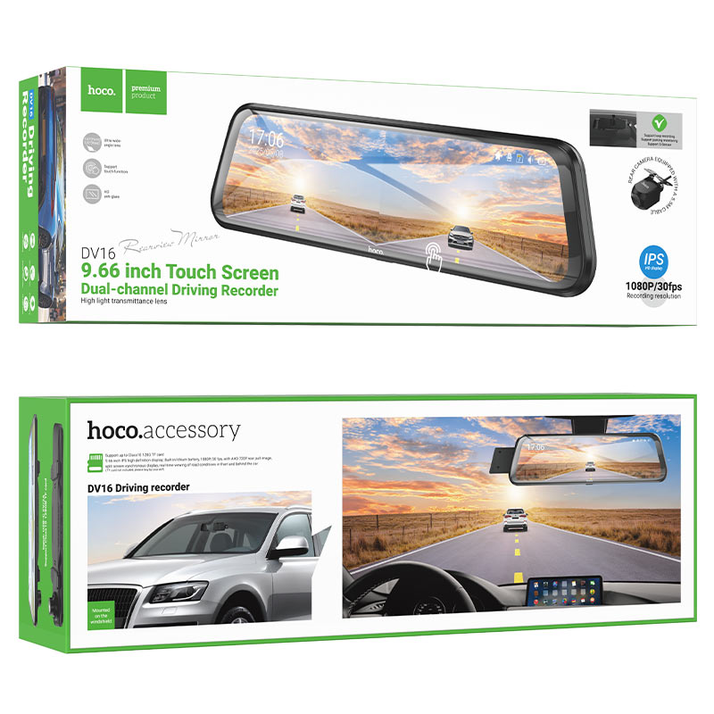 Hoco DV16 9.66‑inch Mirror Dual‑Channel Dash Cam with Touchscreen