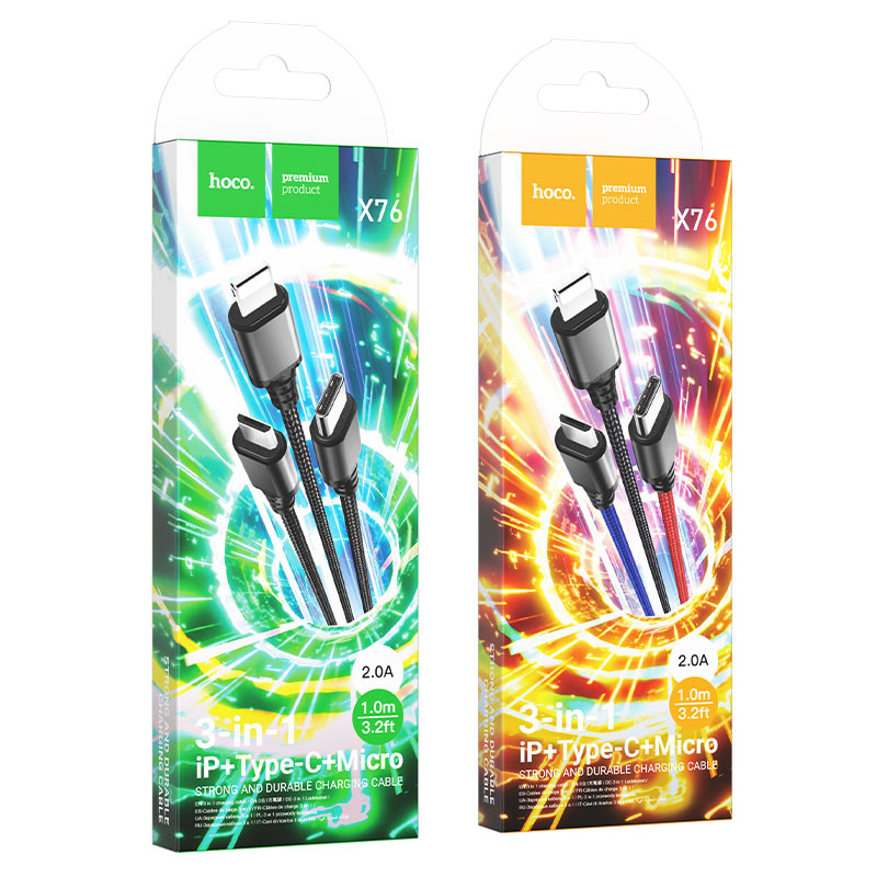 HOCO X76 3-in-1 Super Charging Cable High-Speed Lightning-USB-C-Micro