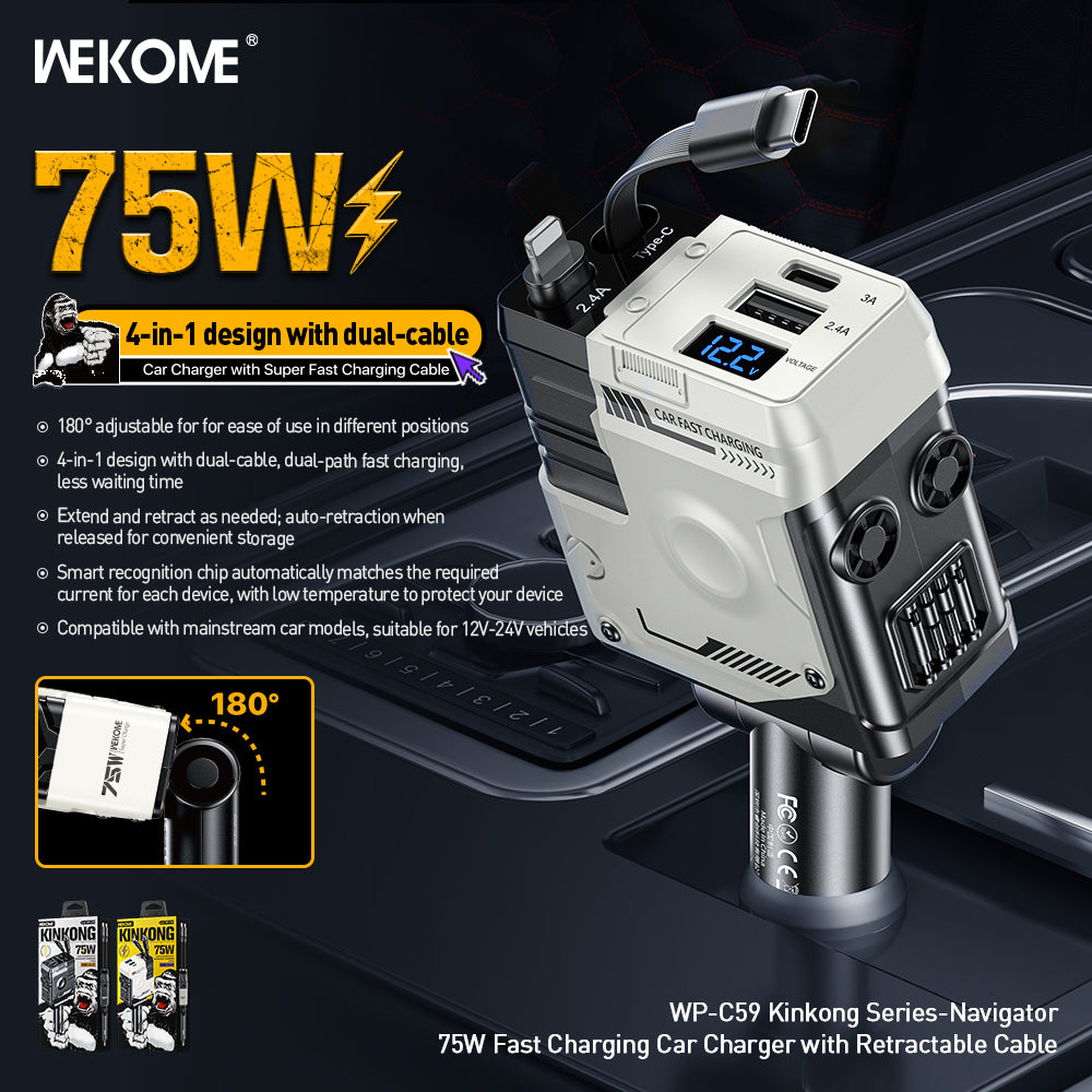 WEKOME WP-C59 75W Dual-Port Retractable Fast Car Charger