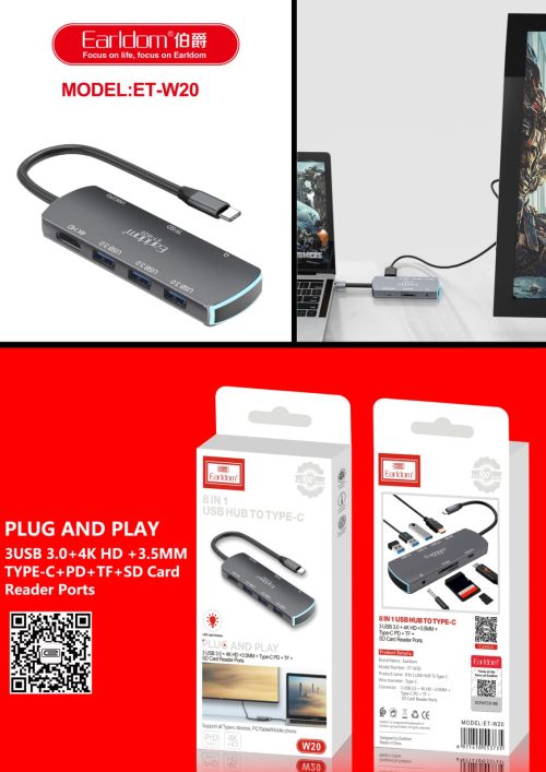 Earldom 8‑in‑1 USB‑C Adapter with 4K HDMI, PD, Card Readers