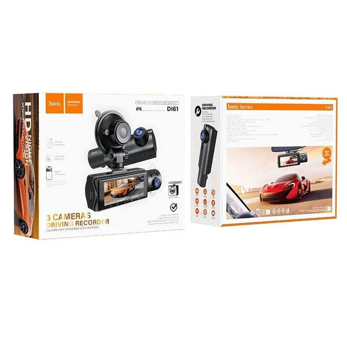 HOCO DI61 Mundial Triple‑Screen WiFi Dash Cam with Front, Rear and Cabin Recording