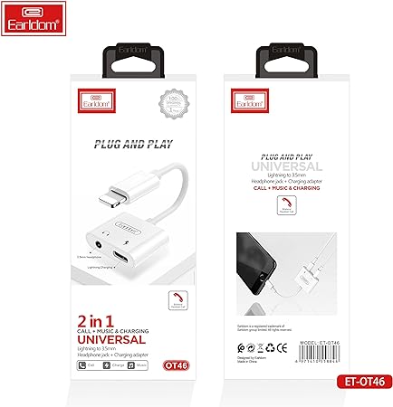 Earldom White 2-in-1 Lightning to 3.5mm Audio Adapter