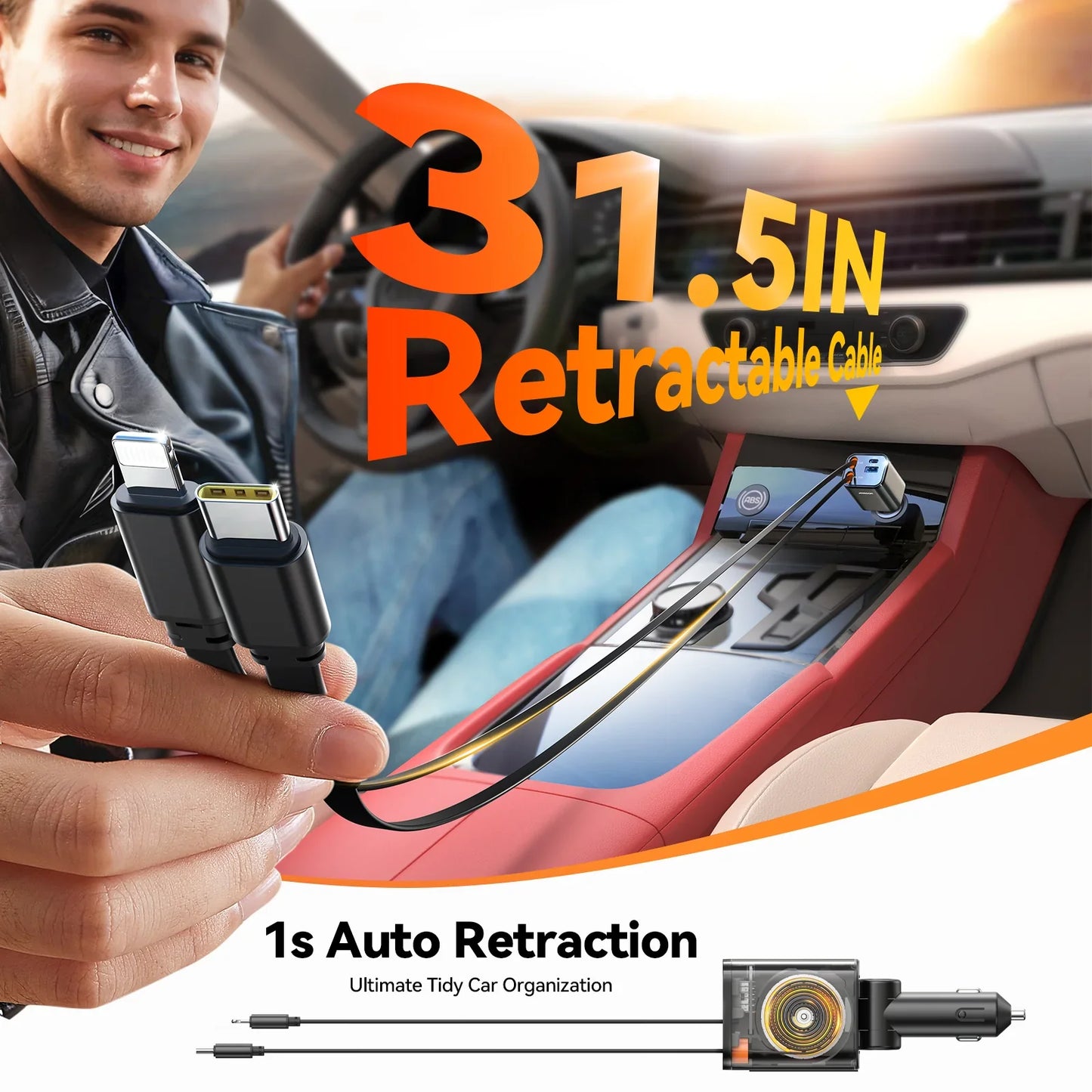 Joyroom 30W 4-in-1 Retractable Car Charger with USB‑C, Lightning, Micro‑USB