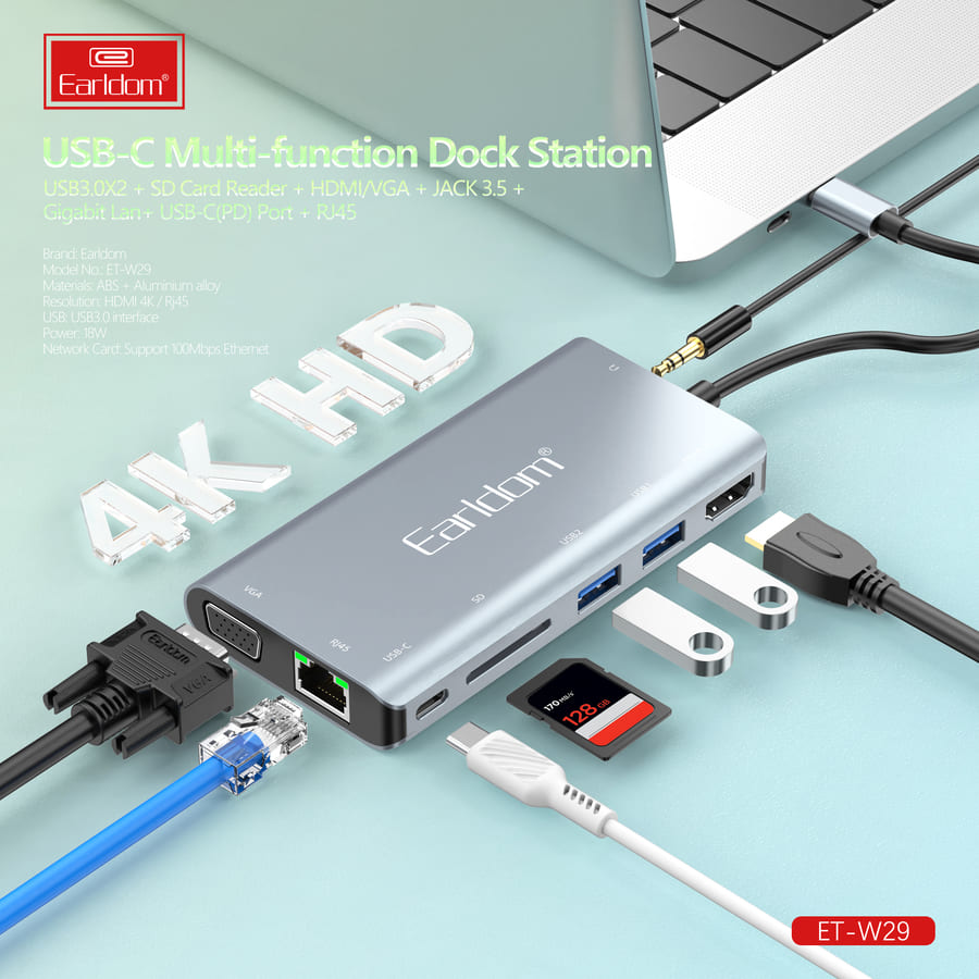Earldom ET-W29 8-in-1 USB Hub with 4K HDMI