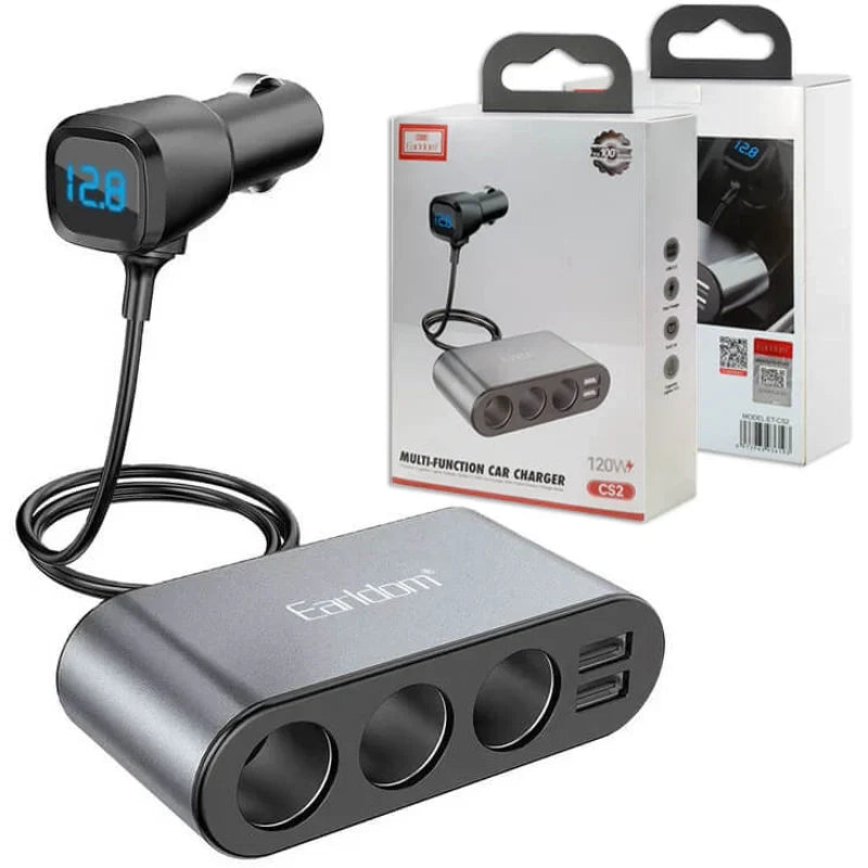 Earldom 120W Dual USB Car Charger with 4‑in‑1 Socket – Black