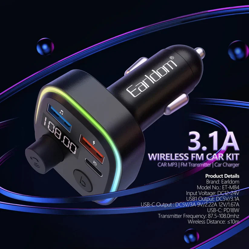 Earldom FM Transmitter ET-M84 Bluetooth Car Charger with Fast Charging