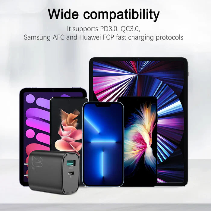 20W Dual-Port Fast Charger with PD3.0 and QC3.0 Support