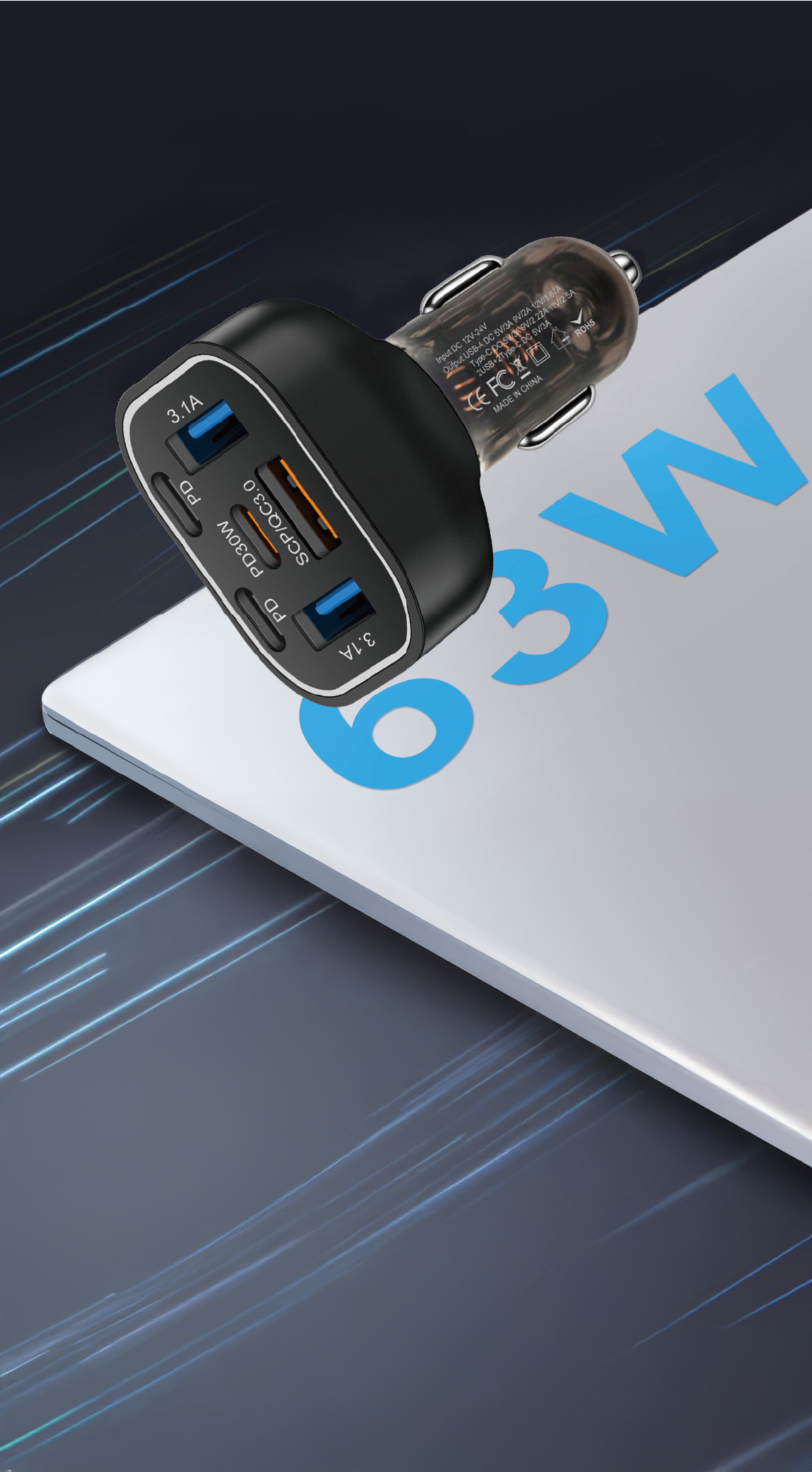 Asli Global PrimusCharger Q 63W Transparent 6-Port Car Charger with PD & QC 3.0