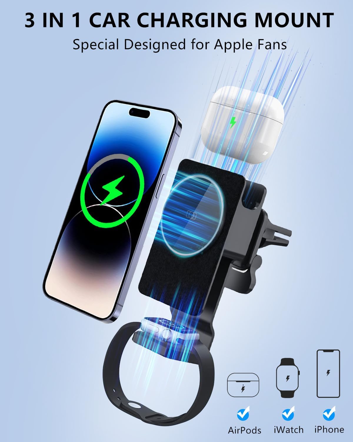 3-in-1 Magnetic Wireless Car Charger Mount with 15W Fast Charging