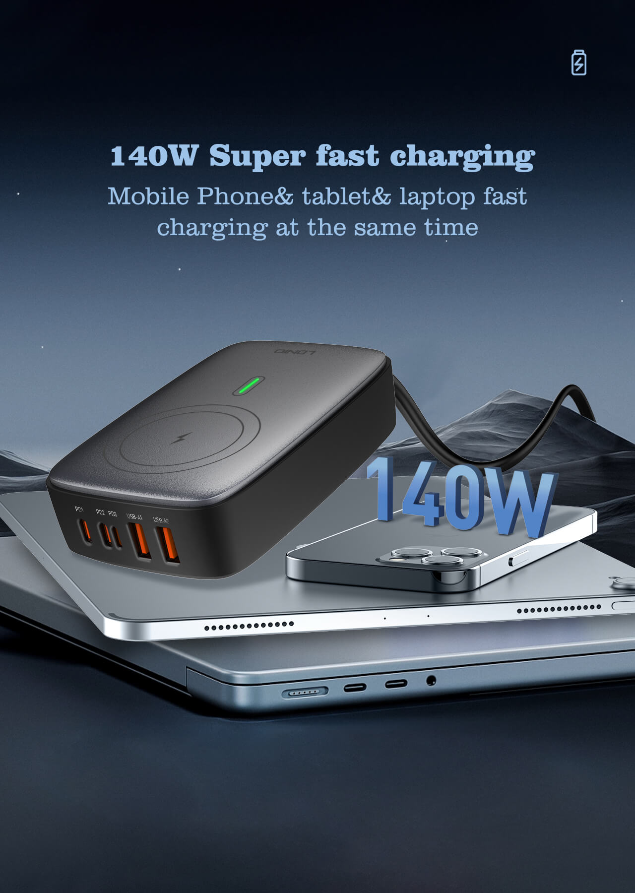 LDNIO 140W Multiport Desktop Wireless Charger with USB‑C, USB‑A, Lightning