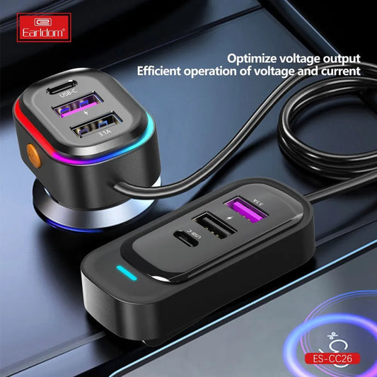 Earldom CC26 RGB 6‑in‑1 66W Fast Car Charger with Extension