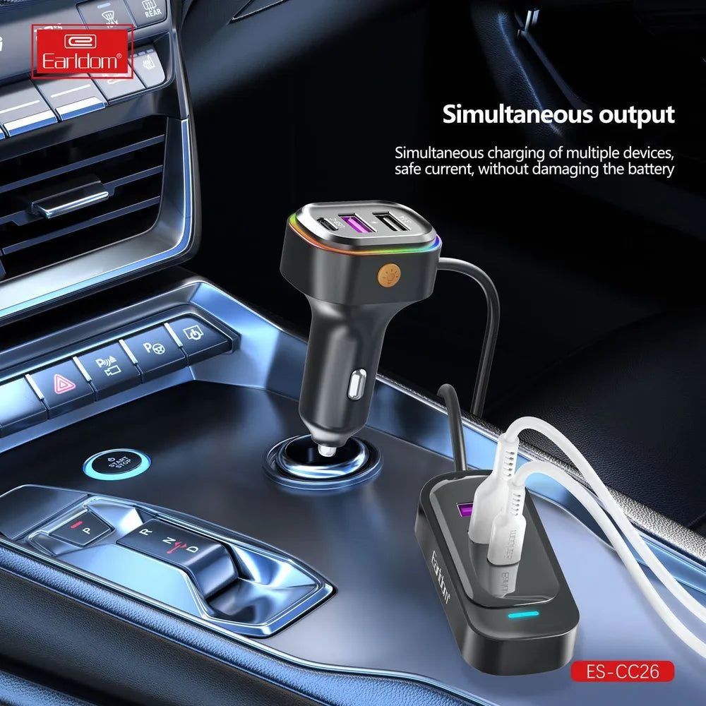 Earldom CC26 RGB 6‑in‑1 66W Fast Car Charger with Extension