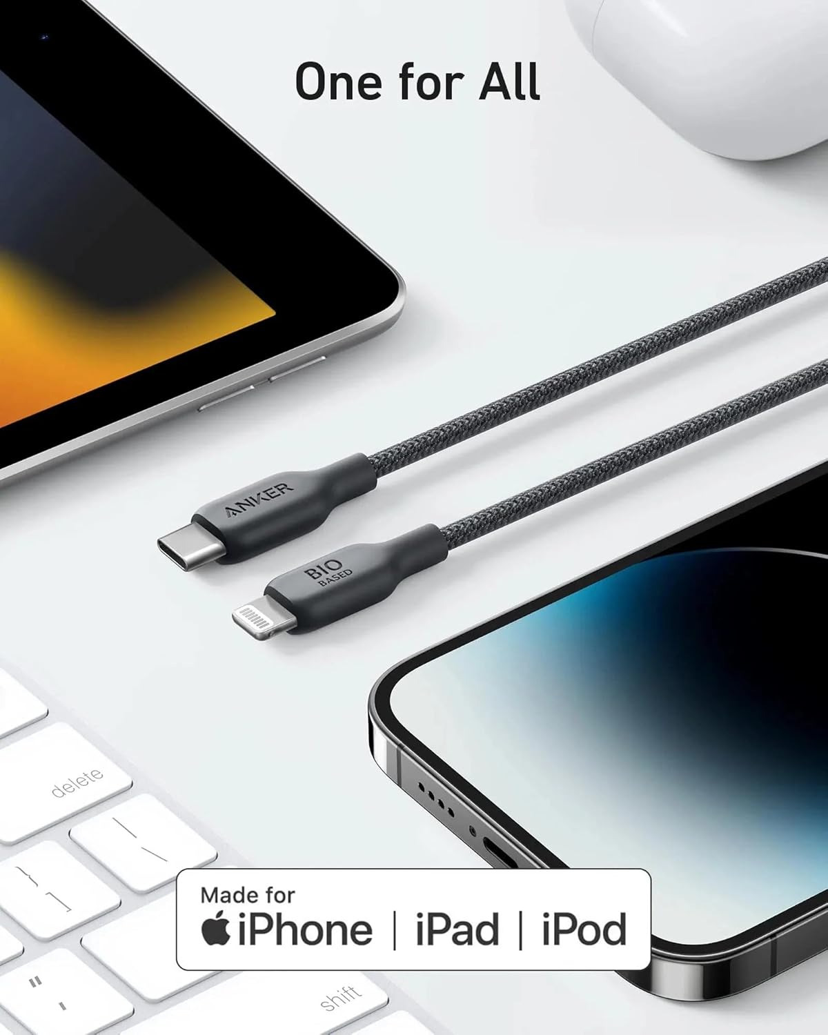 Anker USB-C to Lightning Cable 6ft Bio-Braided Black Fast Charging