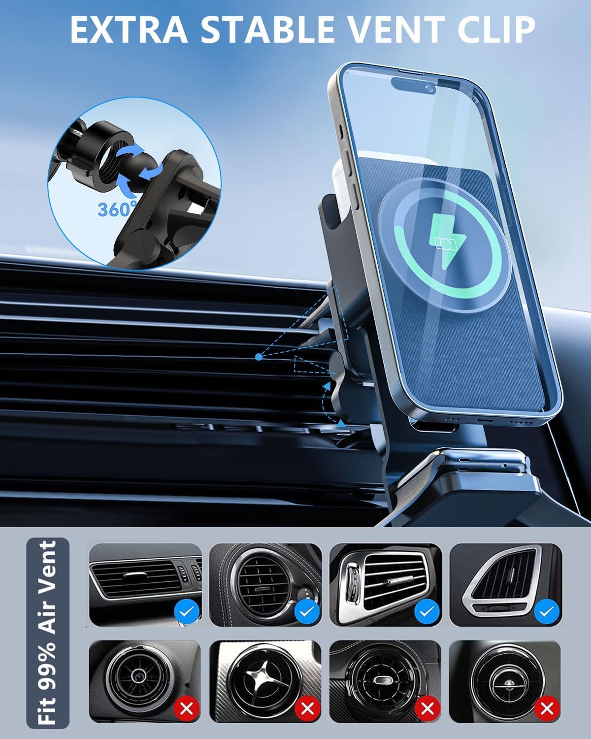 3-in-1 Magnetic Wireless Car Charger Mount with 15W Fast Charging