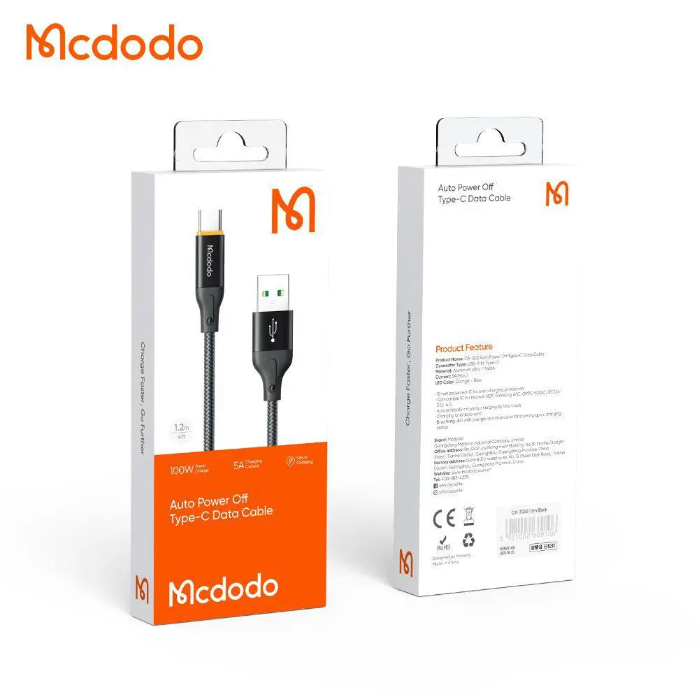 Mcdodo CA-3020 1.2m Fast Charging Durable Black USB‑to‑Type‑C Cable