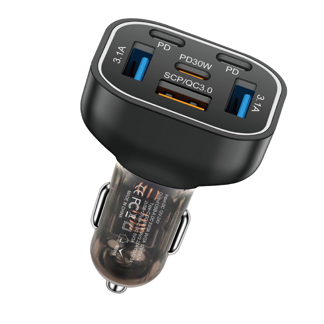 Asli Global PrimusCharger Q 63W Transparent 6-Port Car Charger with PD & QC 3.0