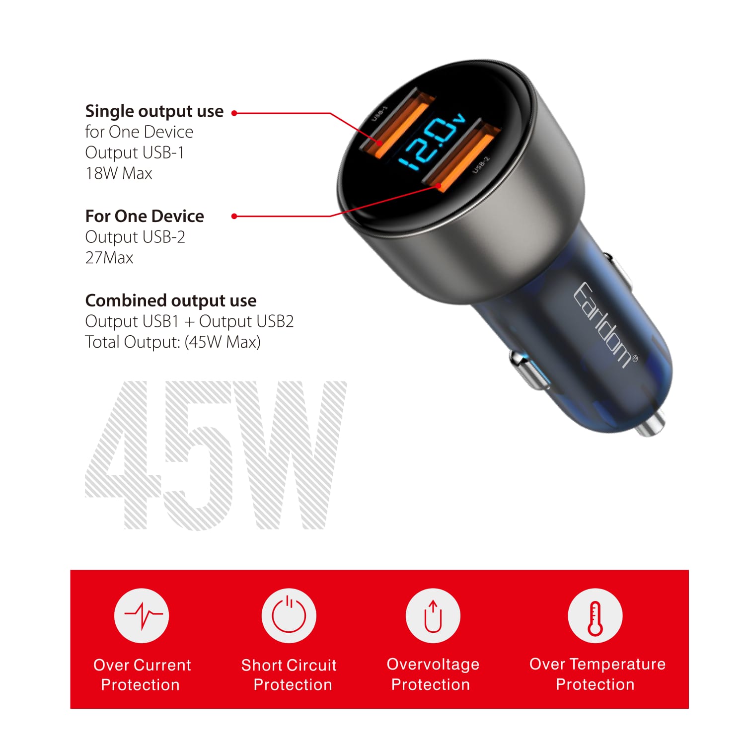Earldom CC9 45W Digital Display Fast Car Charger