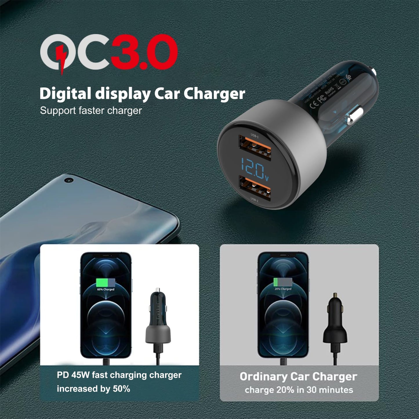 Earldom CC9 45W Digital Display Fast Car Charger