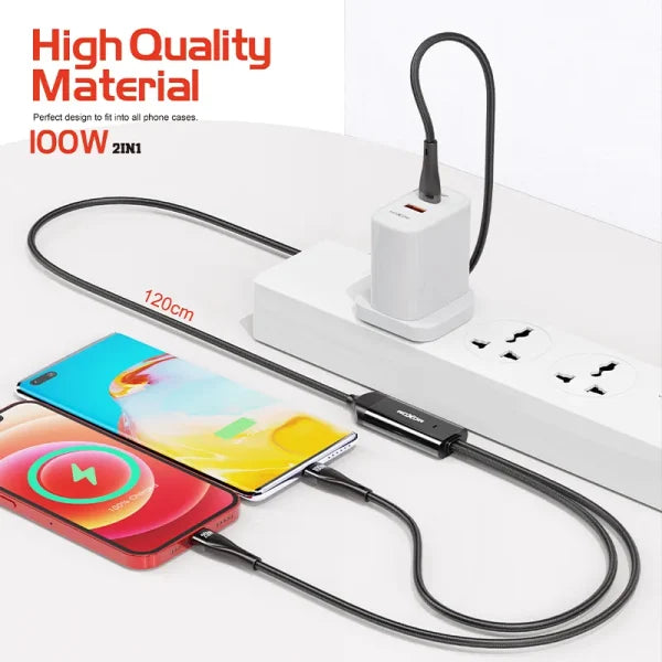 MOXOM 100W 2-in-1 Nylon Braided Fast Charging Cable Black