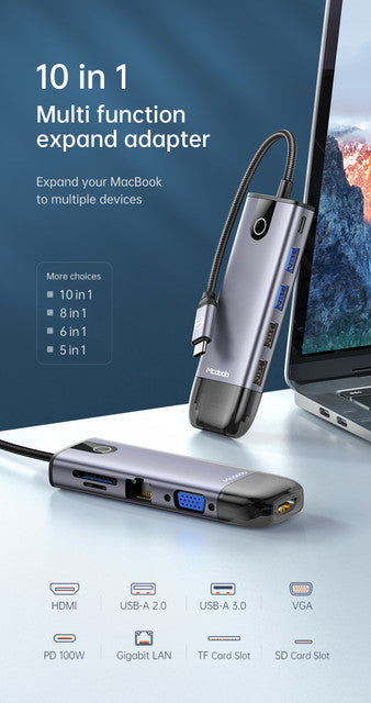 Mcdodo HU-7420 10-in-1 USB‑C Hub with 4K HDMI, VGA, LAN