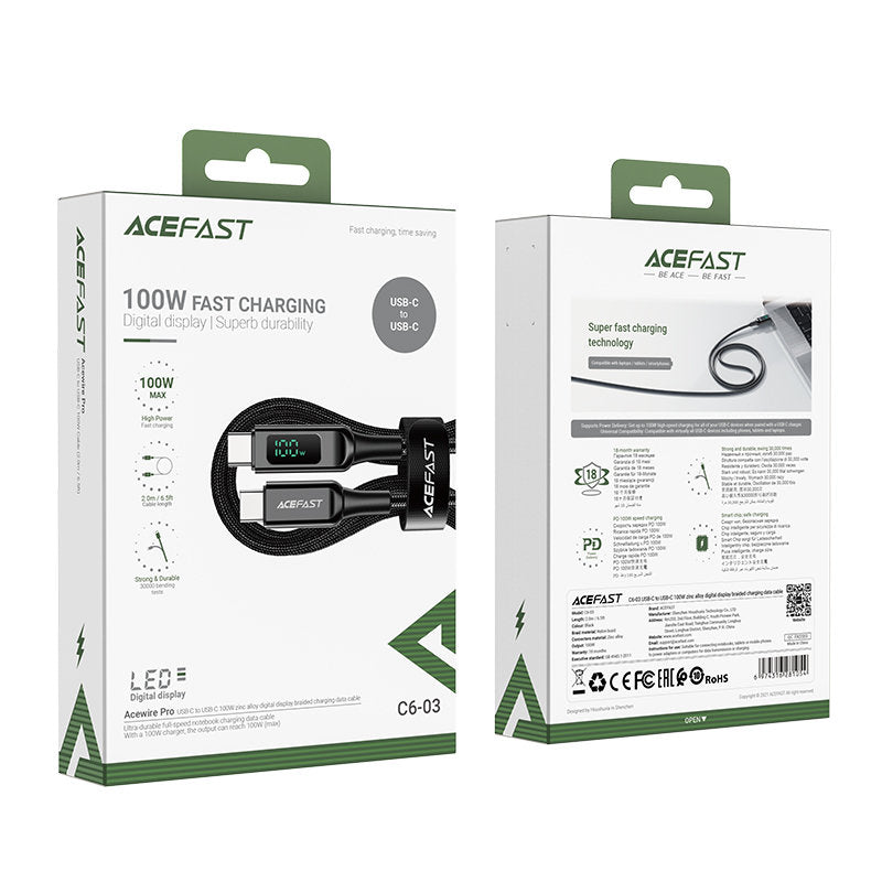 AceFast C6-03 2m USB‑C 100W Braided Cable with LED Display
