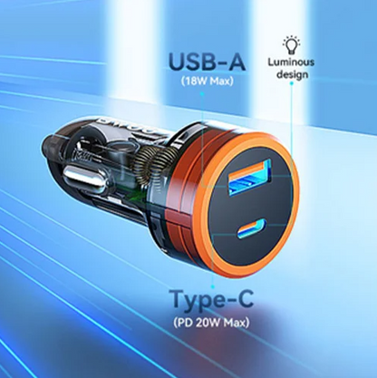 BWOO 38W Transparent Dual-Port USB Car Charger with USB‑C