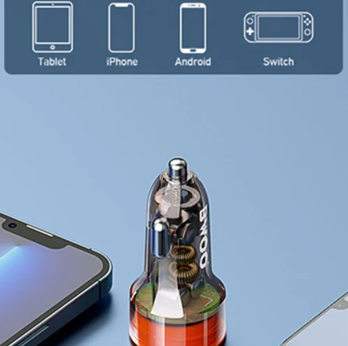 BWOO 38W Transparent Dual-Port USB Car Charger with USB‑C
