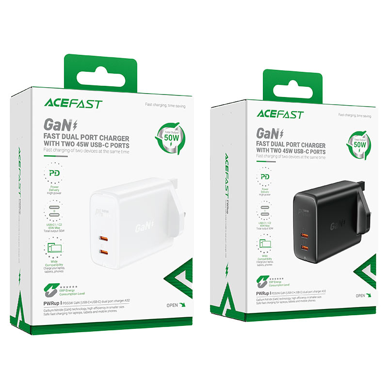 Acefast A32 GaN 50W Dual USB‑C Charger with UK Plug