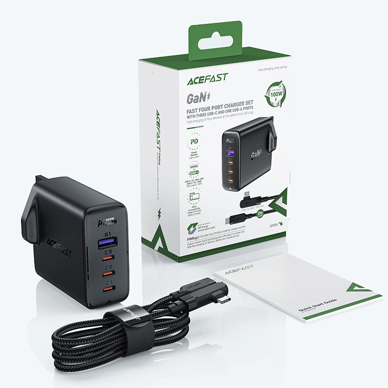 Acefast A40 GaN 100W UK Plug 4-Port Charger with Cable