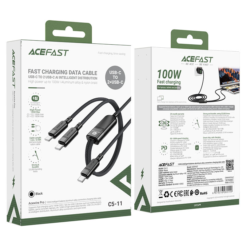 Acefast C5-11 Dual USB‑C 100W Fast‑Charging Cable 1.2m