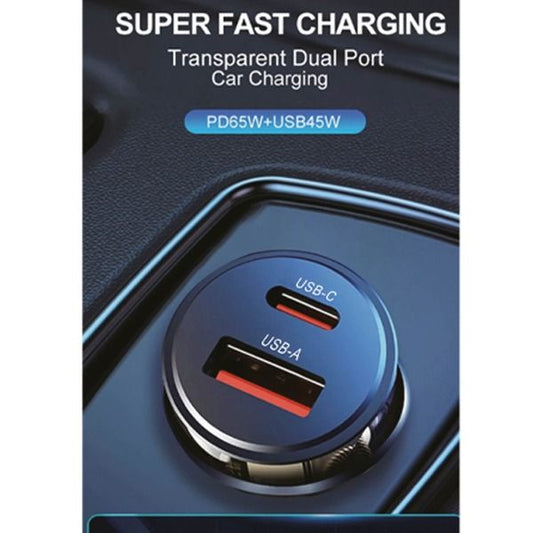 Asli Global 65W Transparent Mini Car Charger with Dual USB-C/A