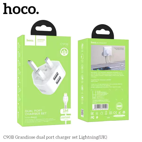 Hoco C90B Grandiose Dual Port Charger Set (iP) – White