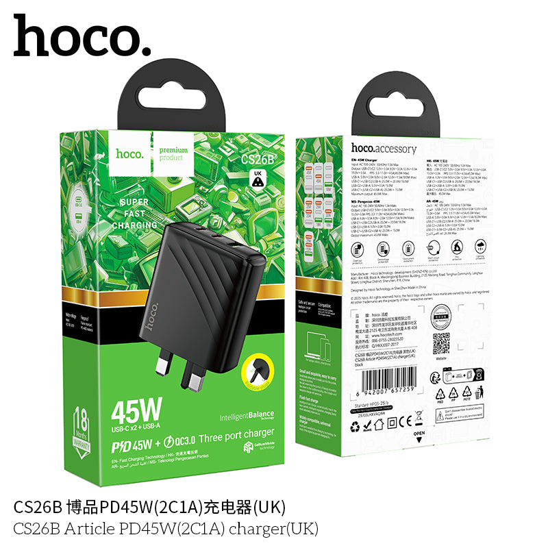 Hoco CS26B PD45W 3-Port USB-C & USB-A Wall Charger
