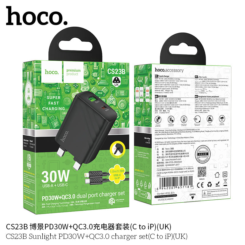 Hoco Sunlight 30W PD QC3.0 USB Charger with UK Plug
