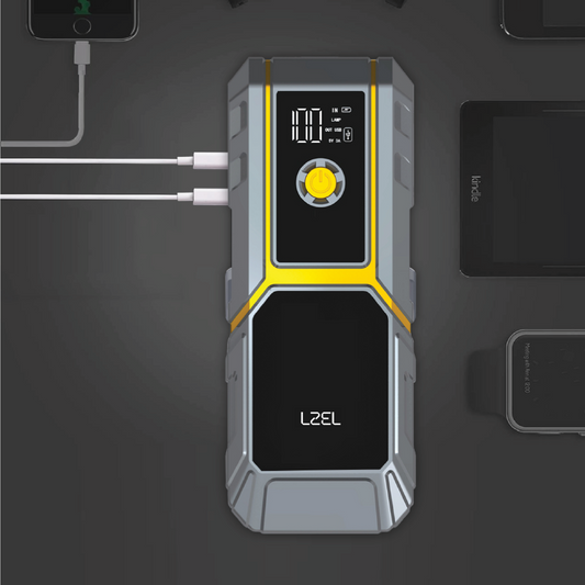 LZEL EnergizeIgnite 12,000mAh Jump Starter with LED Flashlight & Compressor