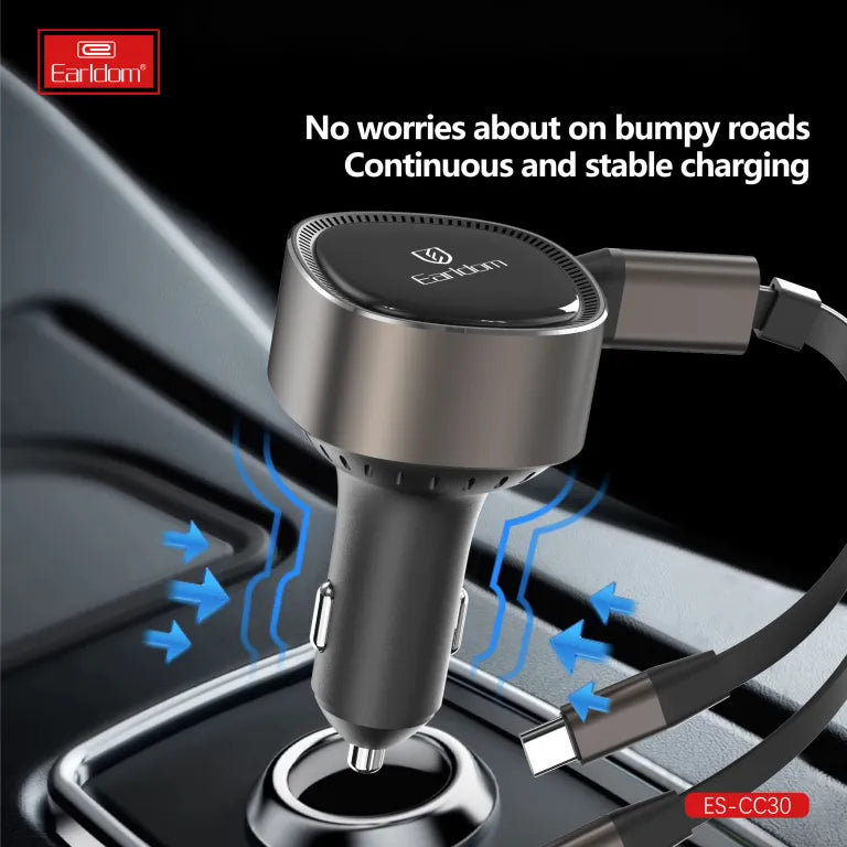 Earldom 30W Retractable USB‑C Car Charger with LED Indicator